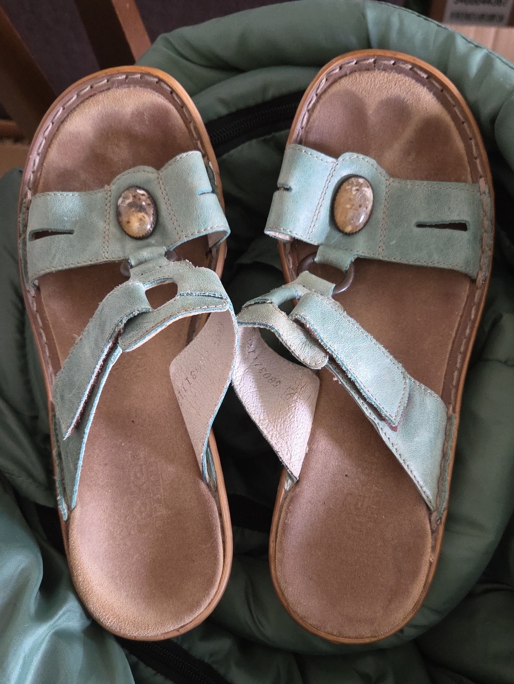 Rieker Green Leather Slide Sandals with Stone Accent